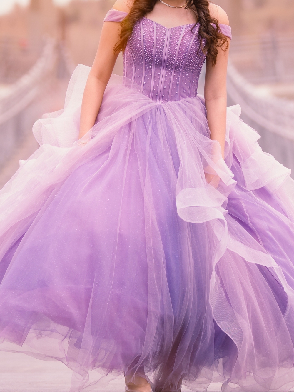 Off-Shoulder Lavender Tulle Ball Gown Dress